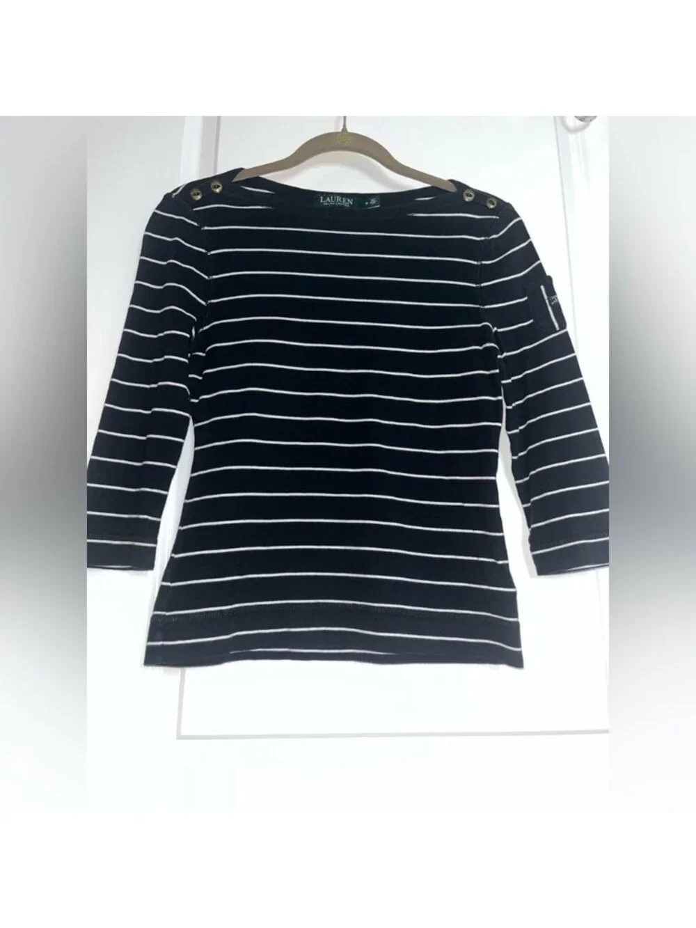 Black White Striped 3/4 Slv Boat Neck Top SzM Preppy Classic - Picture 2 of 2
